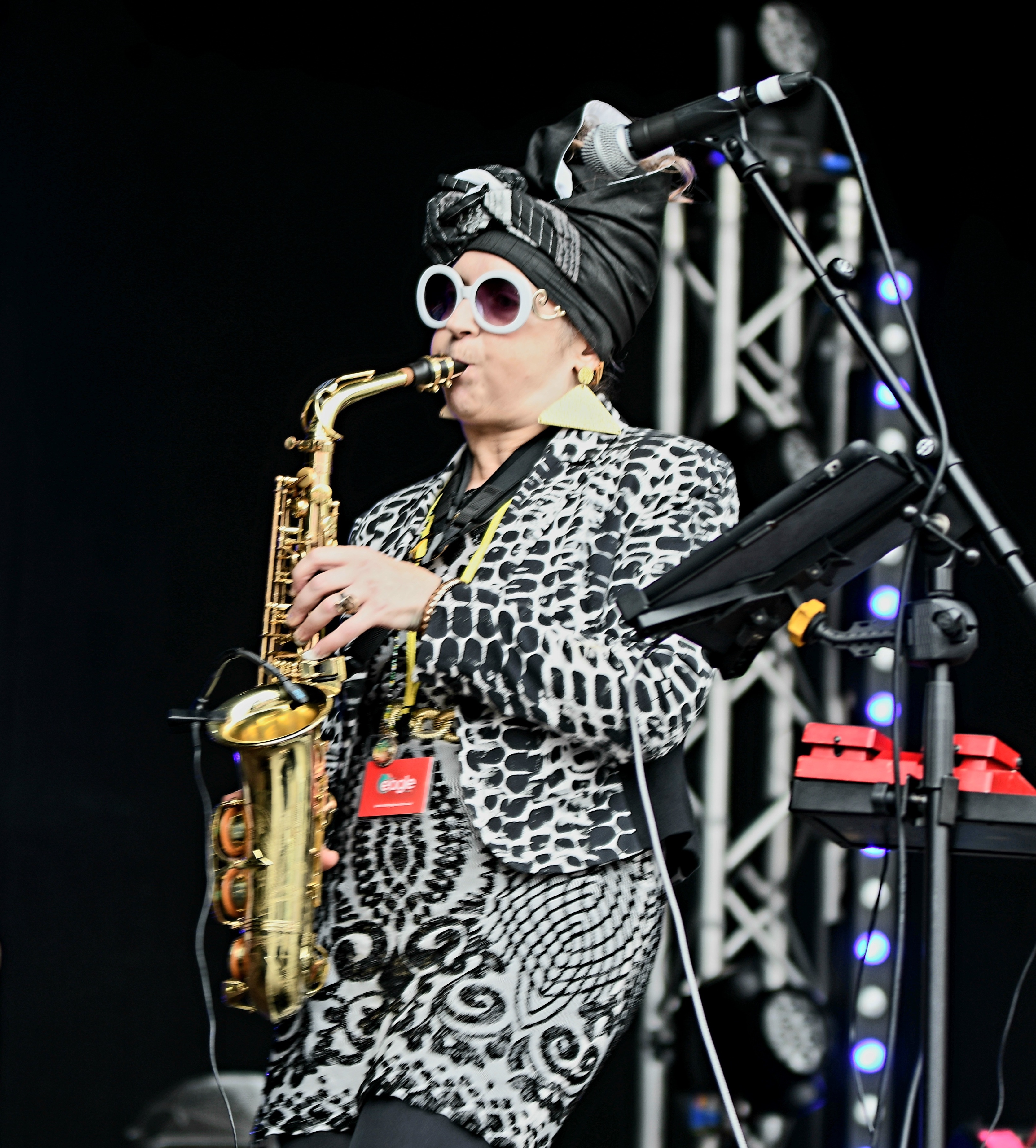 Photos by Robert Flake - Sarah Tobias on saxophone, flute, percussion and backing vocals with The Pioneers at Leeds Ska and Mod Festival, 2023